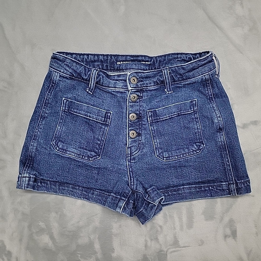 Old Navy Jean Shorts Women 6 Blue High-Rise‎ Button Fly Patch Pocket Denim